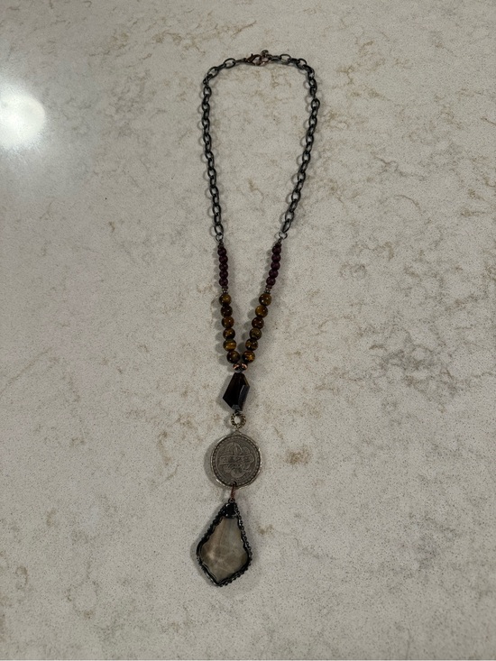 Art in the Alley Jewelry - Layered Pendant Necklace with Brown and Black Accents Boho Coin